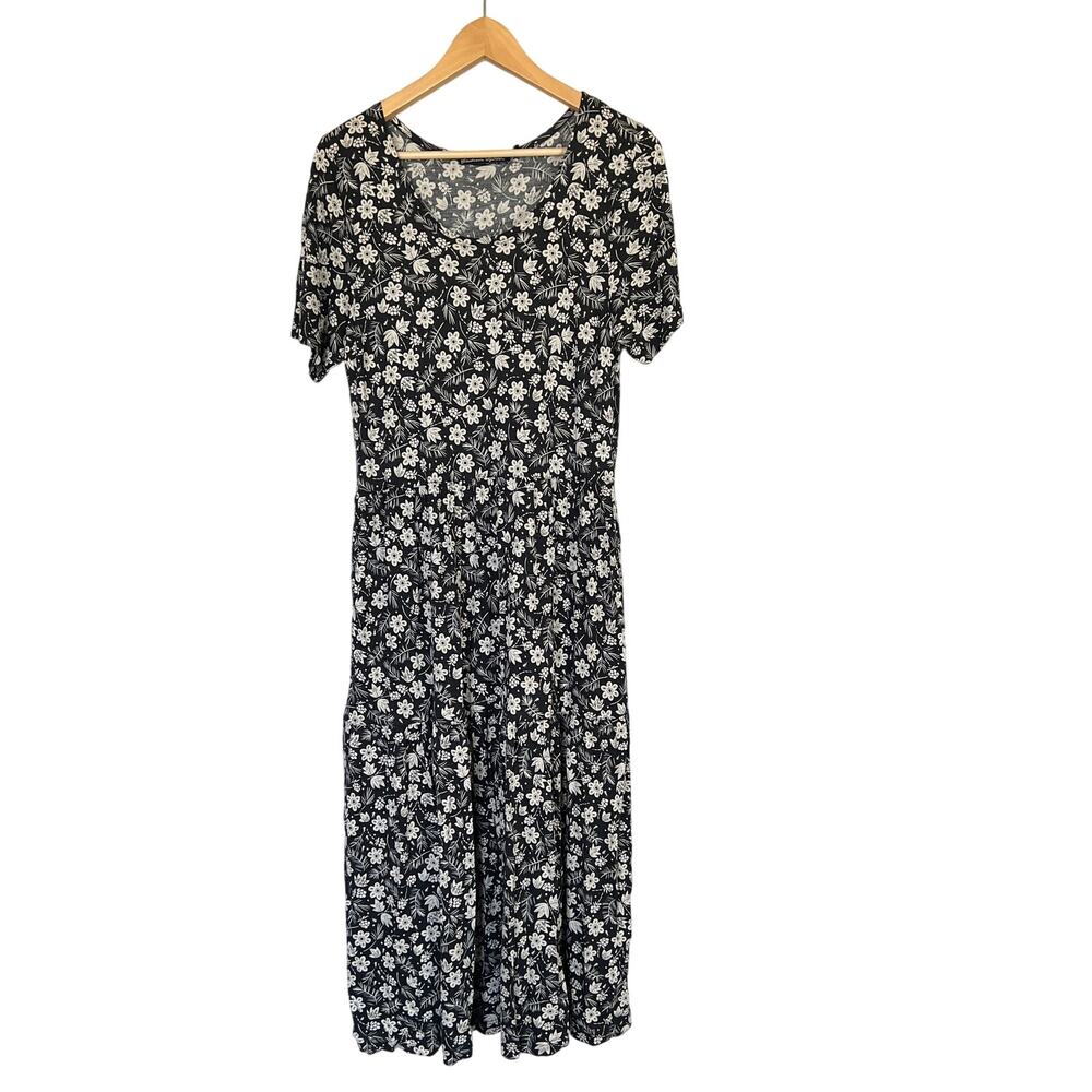 Gudrun Sjoden Black Gray Floral Maxi Dress Women's S Pockets Short Sleeve Modal